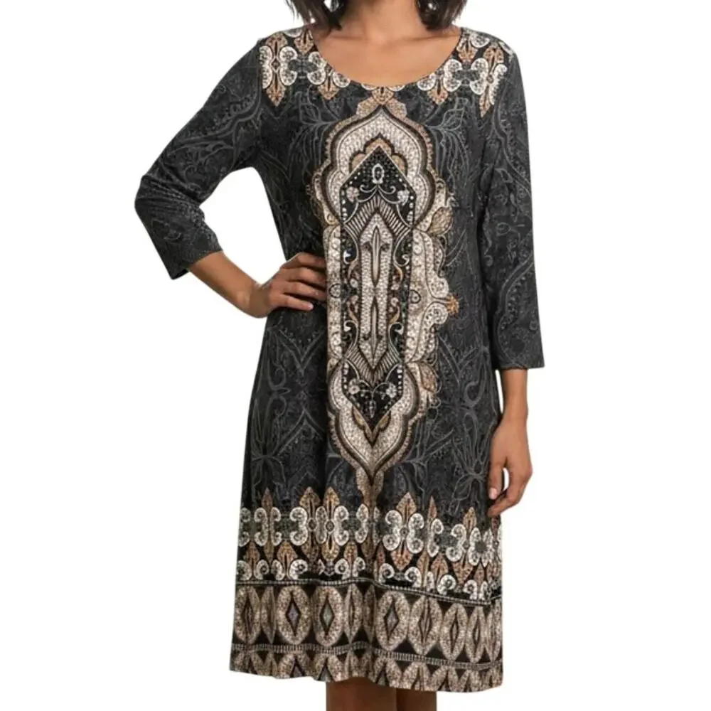 Charter Club Gray Brown Cream Filigree 3/4 Sleeve Sheath Dress Petite size L PL - Picture 2 of 9